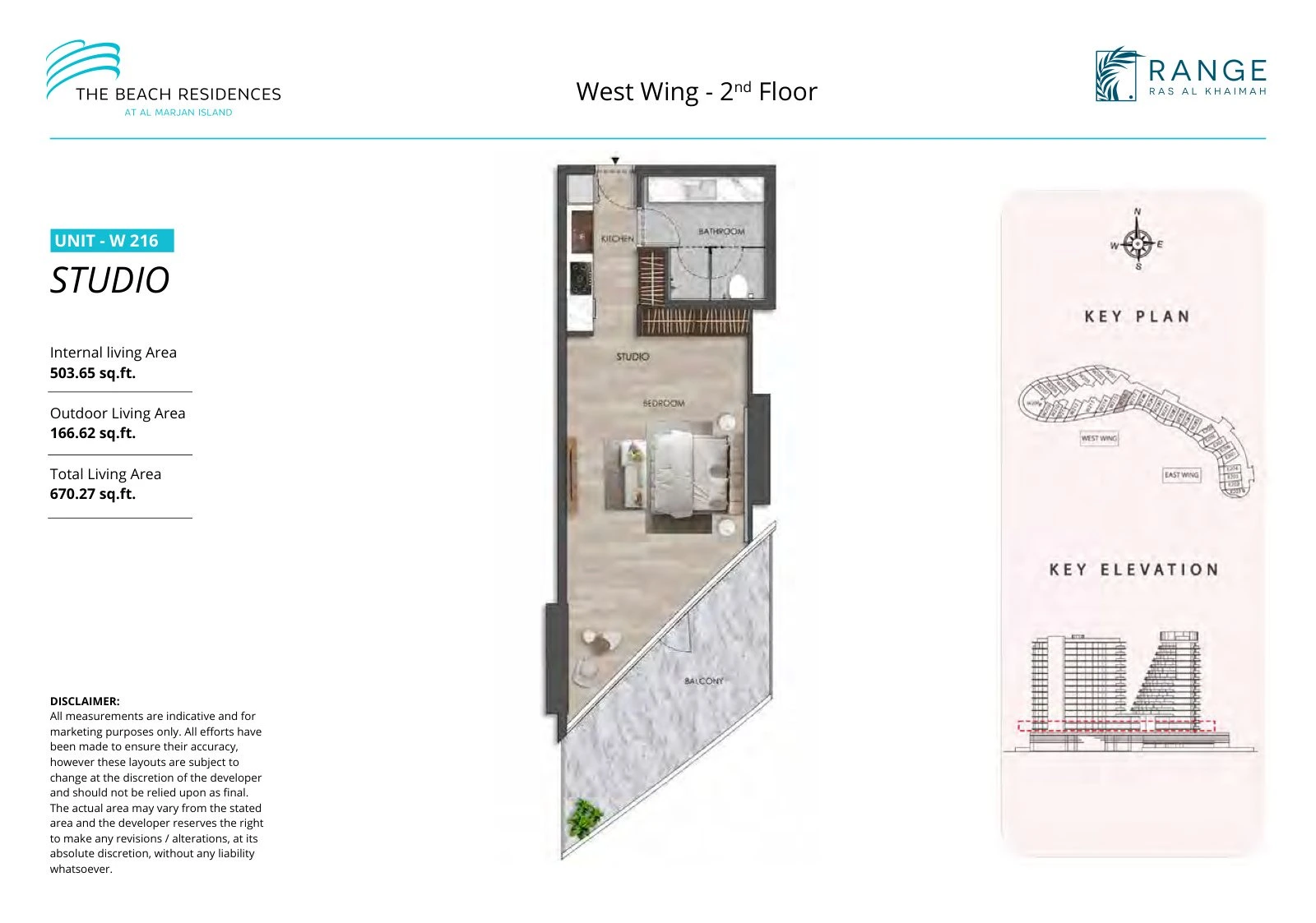 The Beach Residences studio apartment floor plan for West Wing W216, Floor 2, 670.27 sq ft