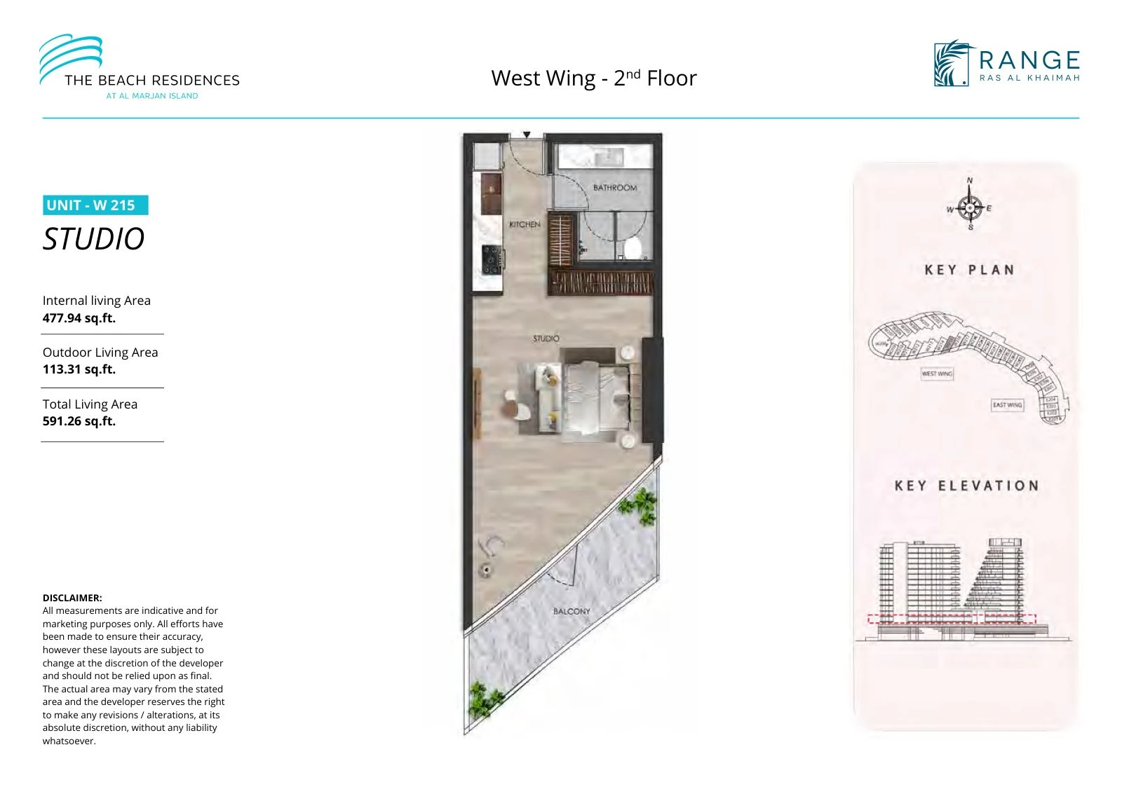 The Beach Residences studio apartment floor plan for West Wing W215, Floor 2, 591.26 sq ft