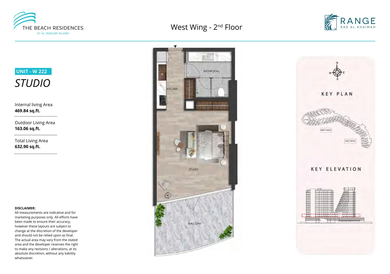 The Beach Residences studio apartment floor plan for West Wing W222, Floor 2, 632.90 sq ft