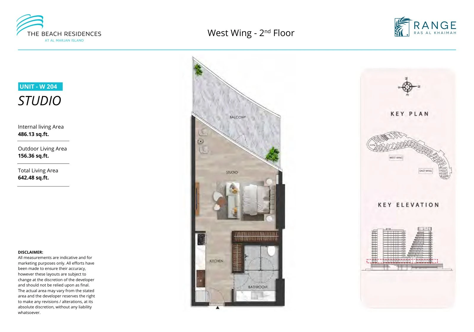 The Beach Residences studio apartment floor plan for West Wing W204, Floor 2, 642.48 sq ft