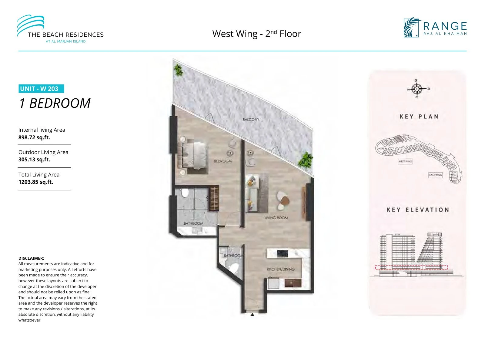 The Beach Residences 1-bedroom apartment floor plan for West Wing W203, Floor 2, 1,203.85 sq ft