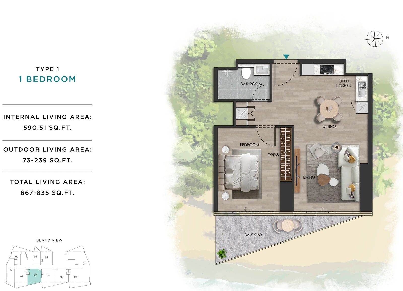 The Beach Vista 1-bedroom Type 1 apartment floor plan