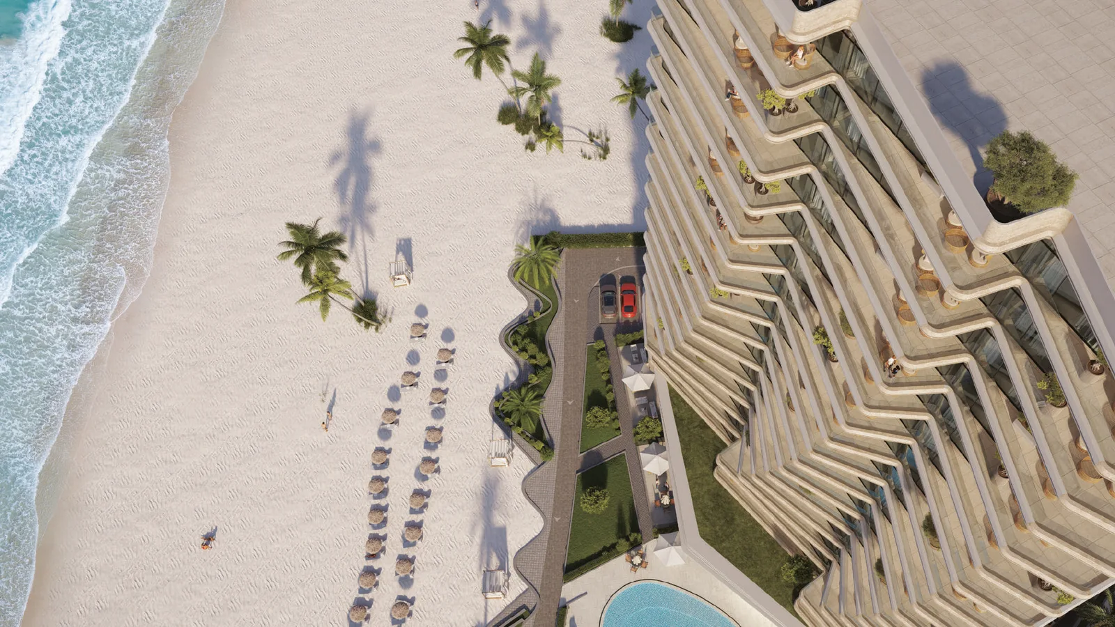 Terraced architecture, swimming pool and beach at The Beach Vista