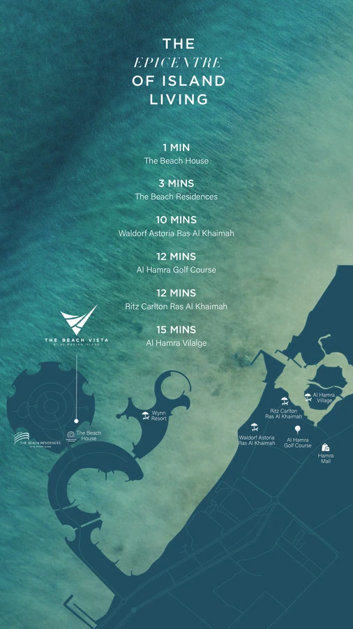 Location map for The Beach Vista on Al Marjan Island with nearby resorts, golf course and Al Hamra destinations