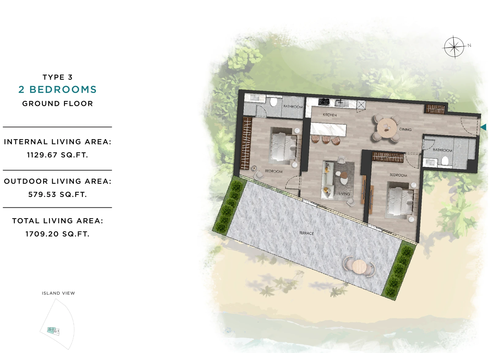The Beach Vista ground-floor 2-bedroom Type 3 apartment floor plan