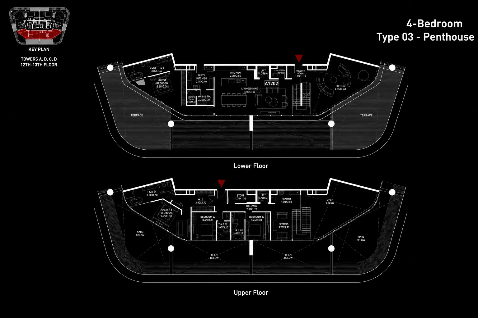 Brabus Island 4-bedroom Type 3 penthouse floor plan showing lower and upper floors