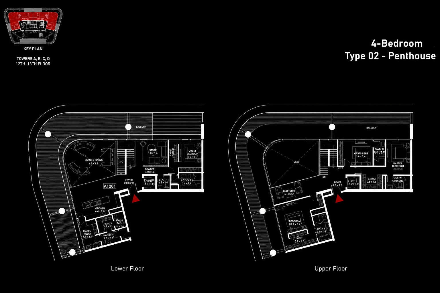 Brabus Island 4-bedroom Type 2 penthouse floor plan showing lower and upper floors