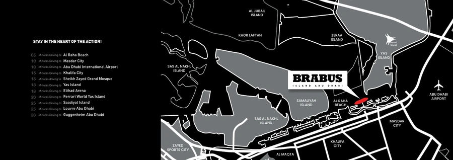 Location map for Brabus Island in Al Seef District with travel times to Al Raha Beach, Masdar City, Zayed International Airport and Yas Island