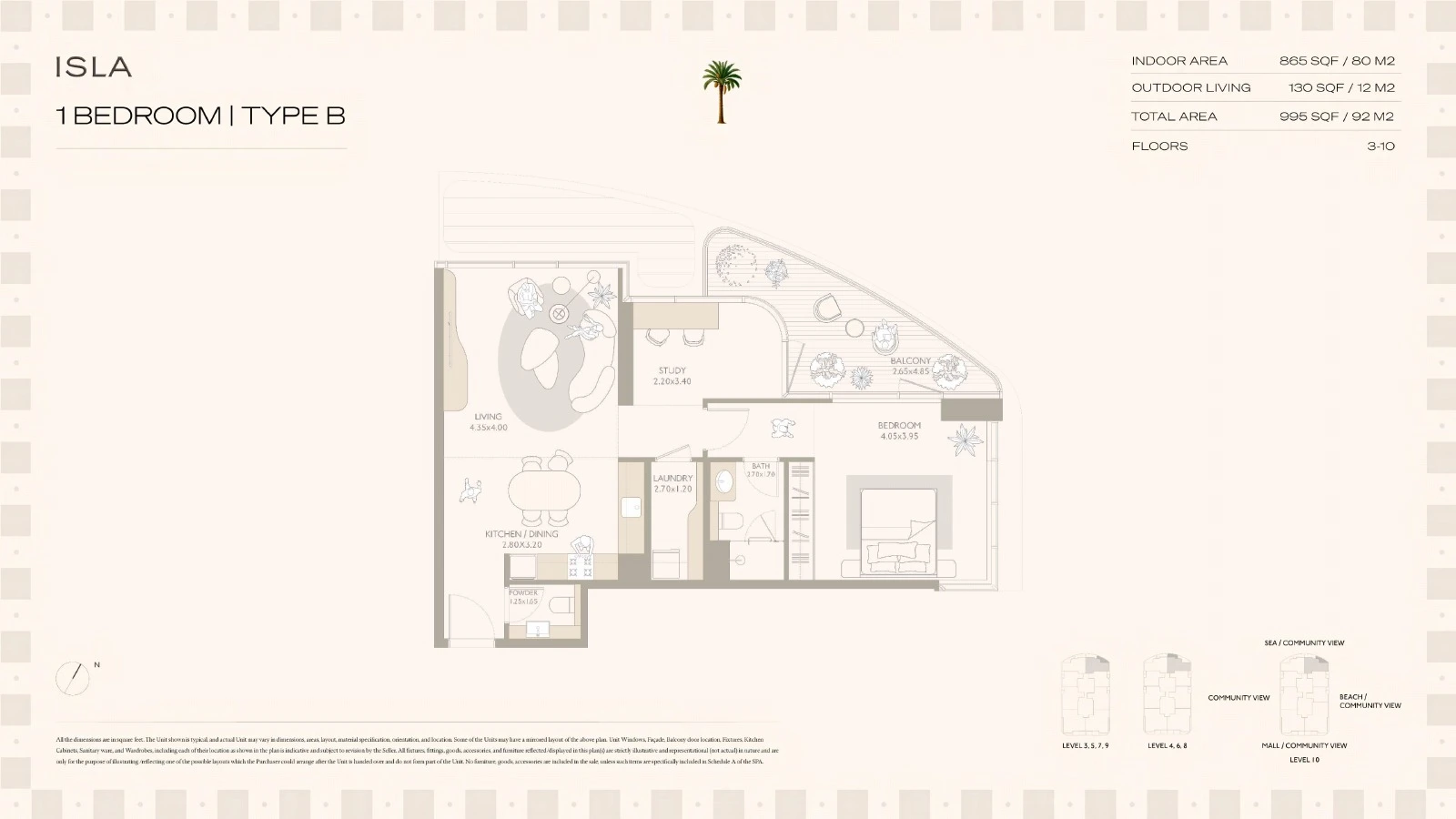 Isla Private Residences 1-bedroom Type B apartment floor plan with study