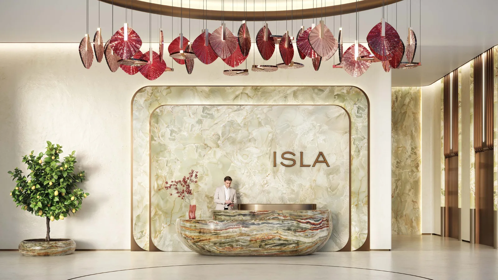 Double-height reception lobby at Isla Private Residences