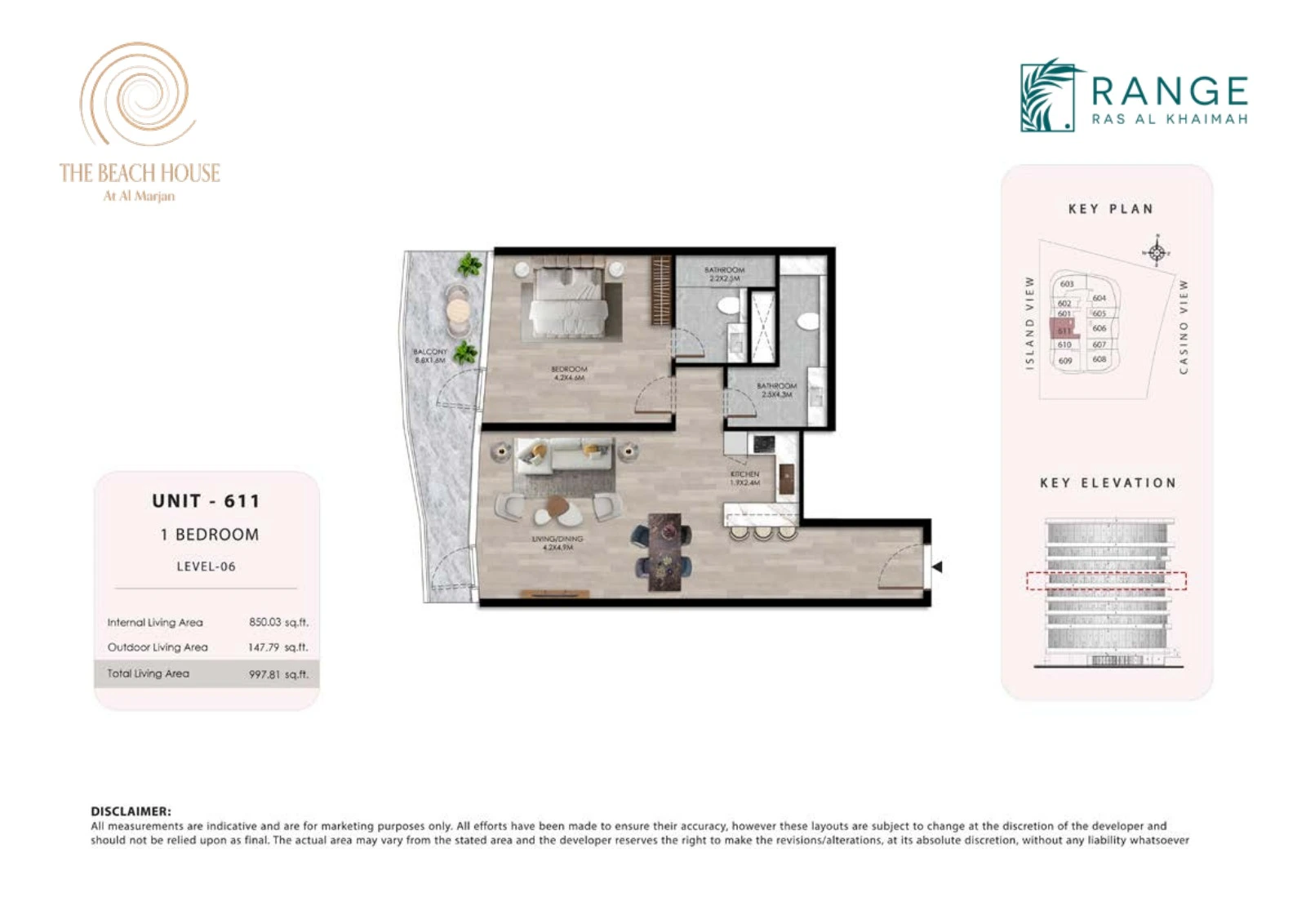 The Beach House 1 bedroom Unit 611 apartment floor plan, 997.81 sq ft