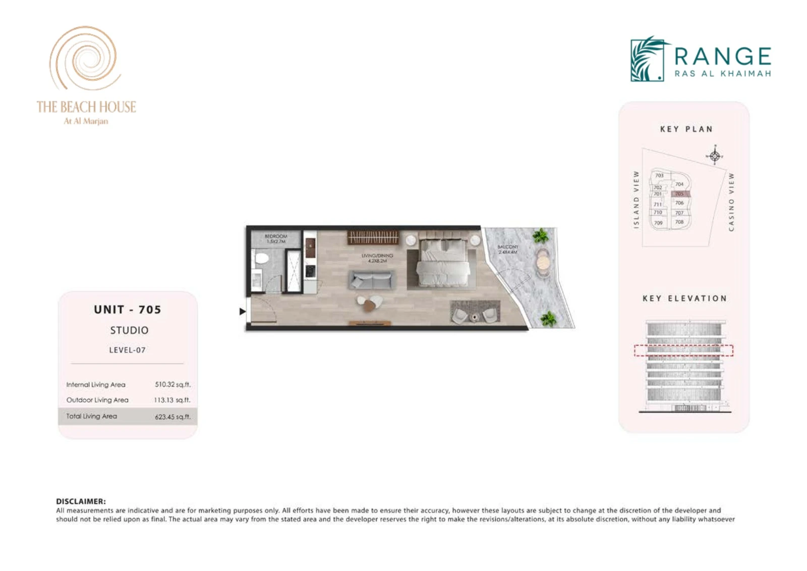 The Beach House studio Unit 705 apartment floor plan, 623.45 sq ft
