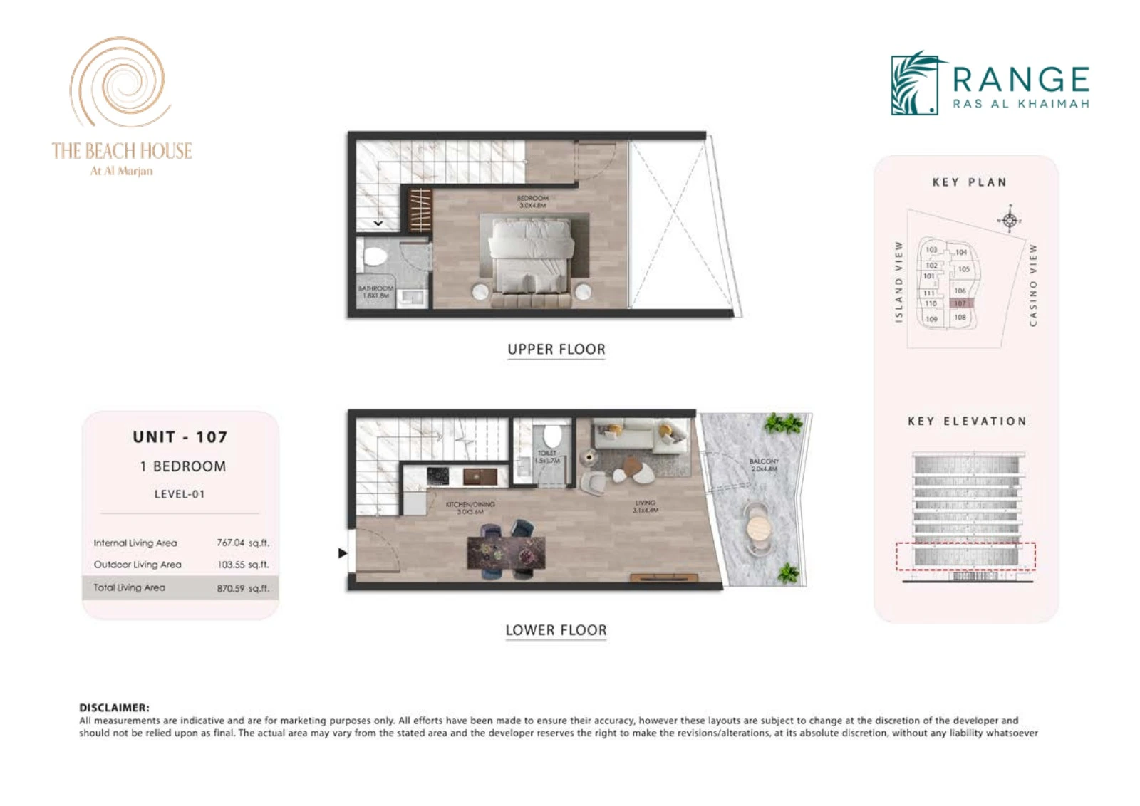 The Beach House 1 bedroom Unit 107 duplex floor plan showing upper and lower floors, 870.59 sq ft