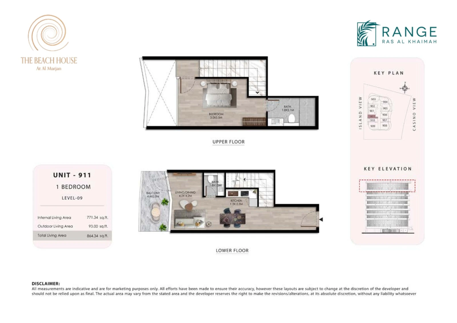 The Beach House 1 bedroom Unit 911 duplex floor plan showing upper and lower floors, 864.34 sq ft