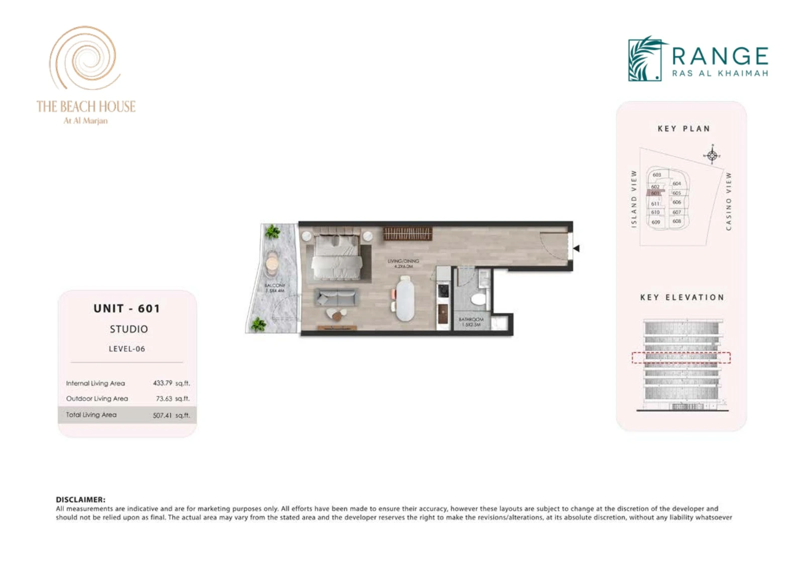 The Beach House studio Unit 601 apartment floor plan, 507.41 sq ft