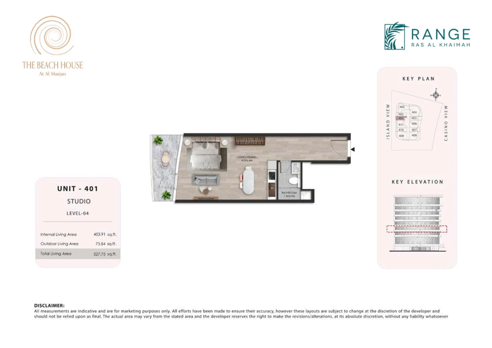 The Beach House studio Unit 401 apartment floor plan, 527.75 sq ft