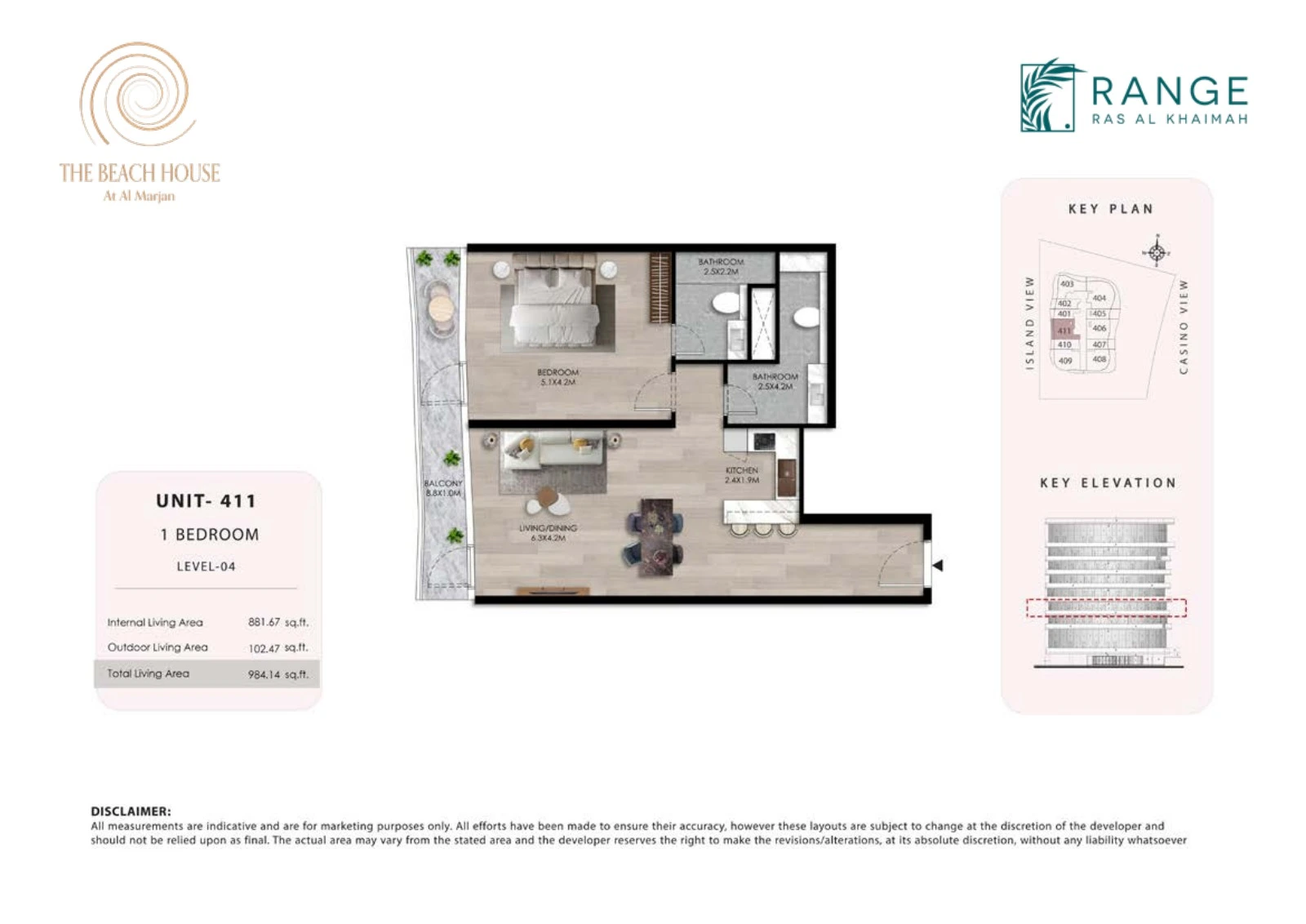 The Beach House 1 bedroom Unit 411 apartment floor plan, 984.14 sq ft