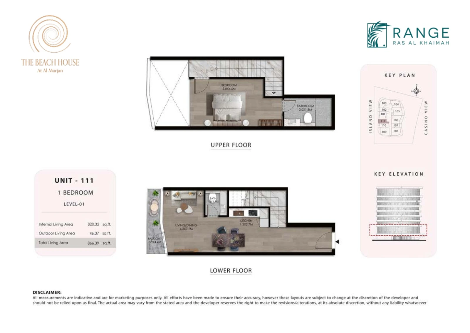 The Beach House 1 bedroom Unit 111 duplex floor plan showing upper and lower floors, 866.39 sq ft