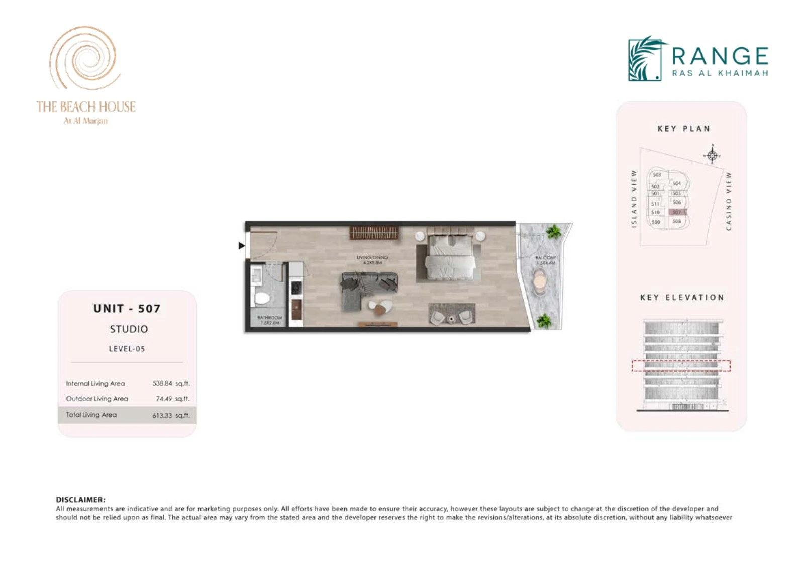 The Beach House studio Unit 507 apartment floor plan, 613.33 sq ft