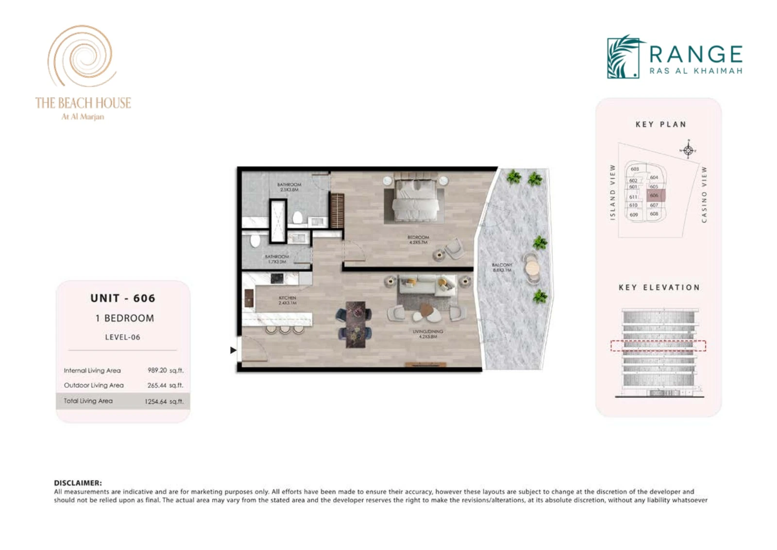 The Beach House 1 bedroom Unit 606 apartment floor plan, 1,254.64 sq ft