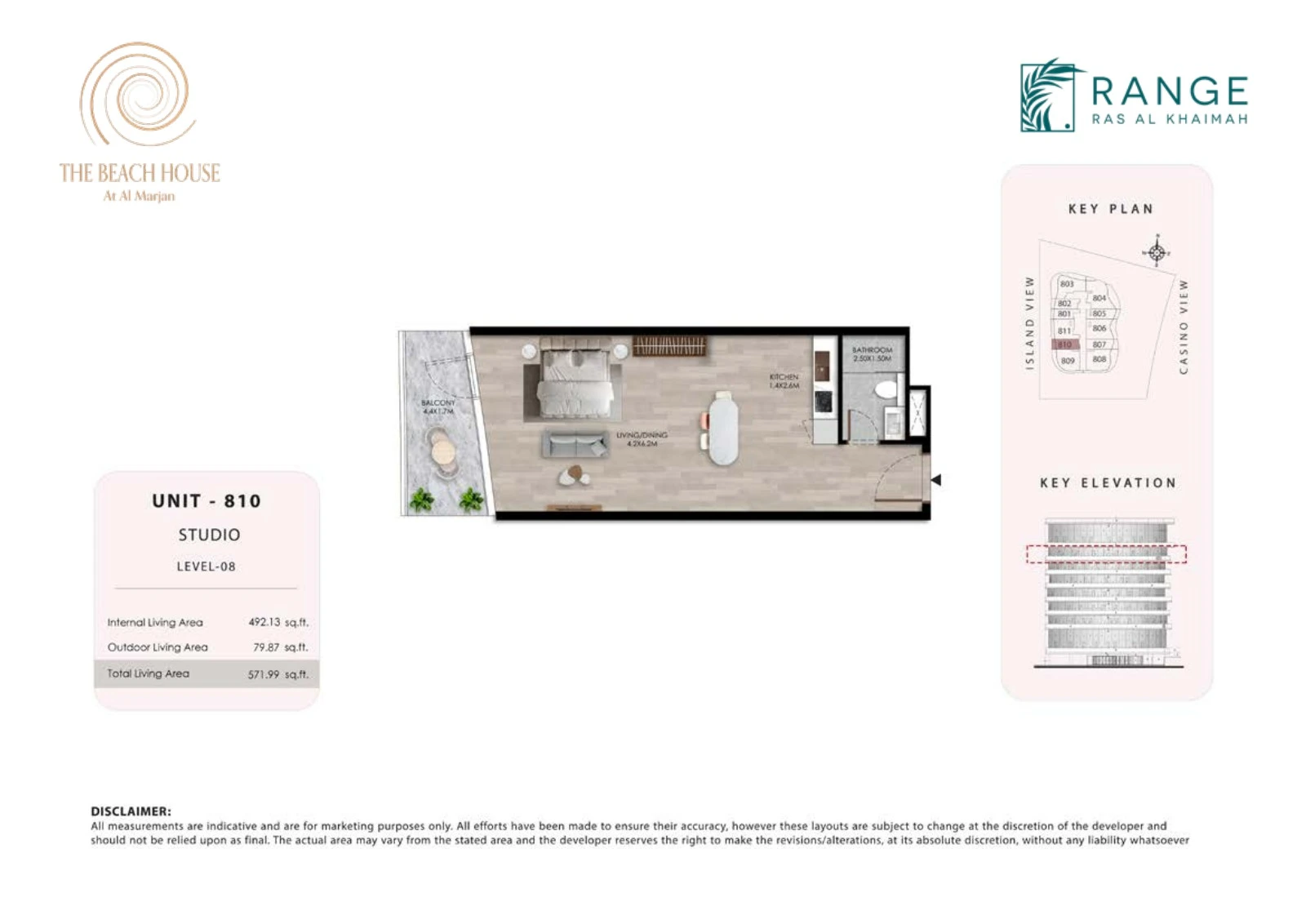 The Beach House studio Unit 810 apartment floor plan, 571.99 sq ft