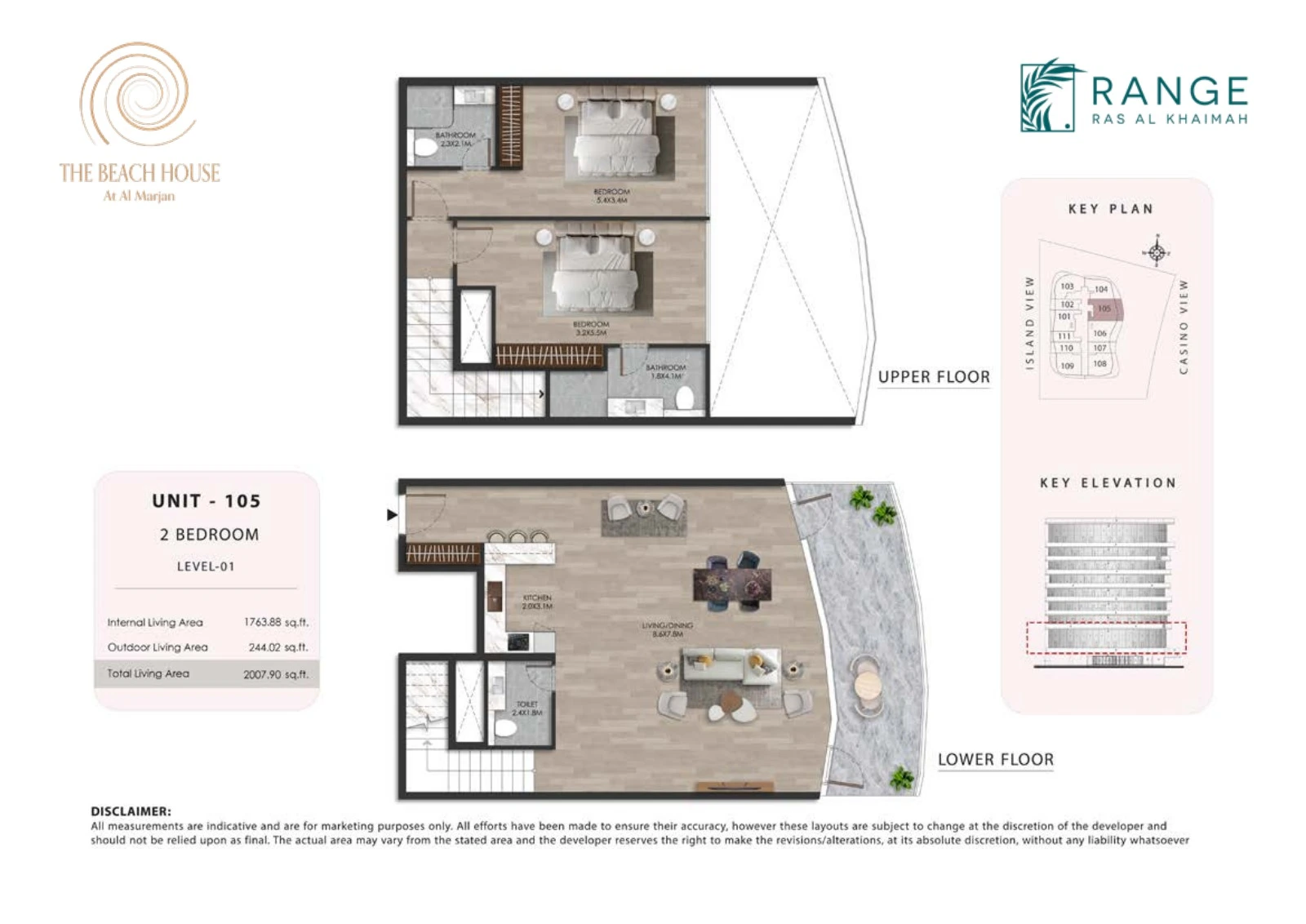 The Beach House 2 bedroom Unit 105 duplex floor plan showing upper and lower floors, 2,007.90 sq ft