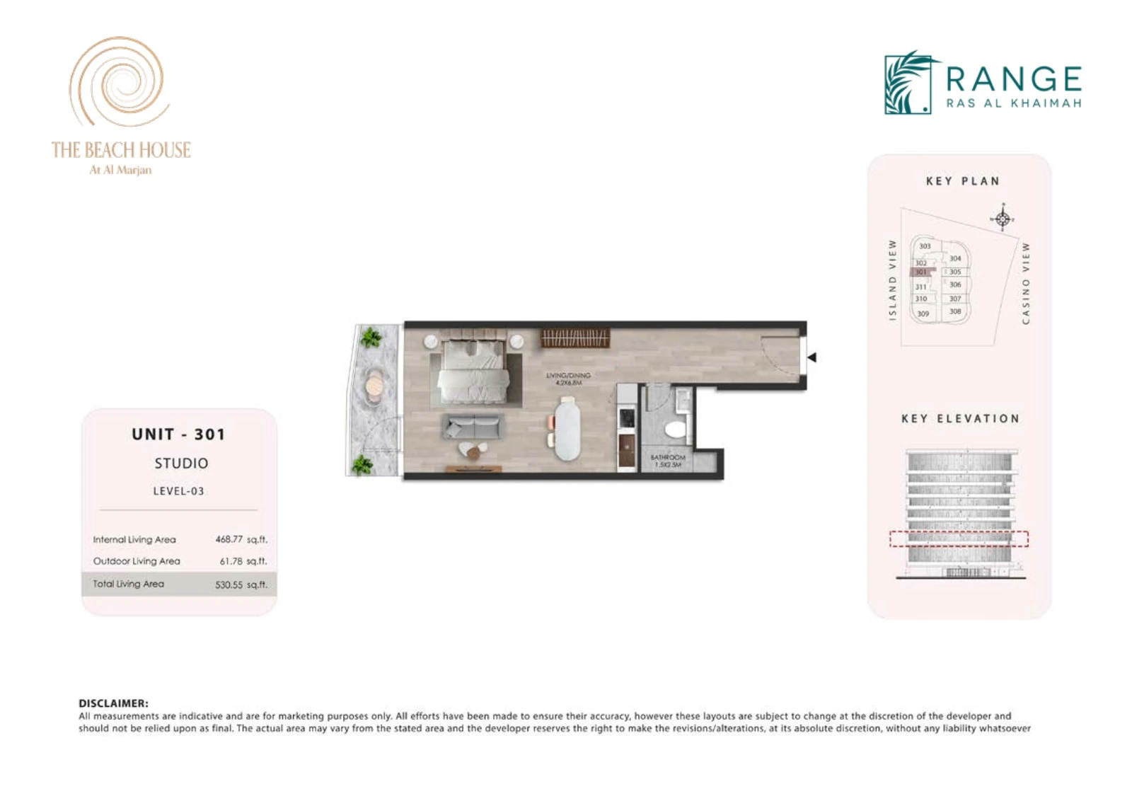 The Beach House studio Unit 301 apartment floor plan, 530.55 sq ft