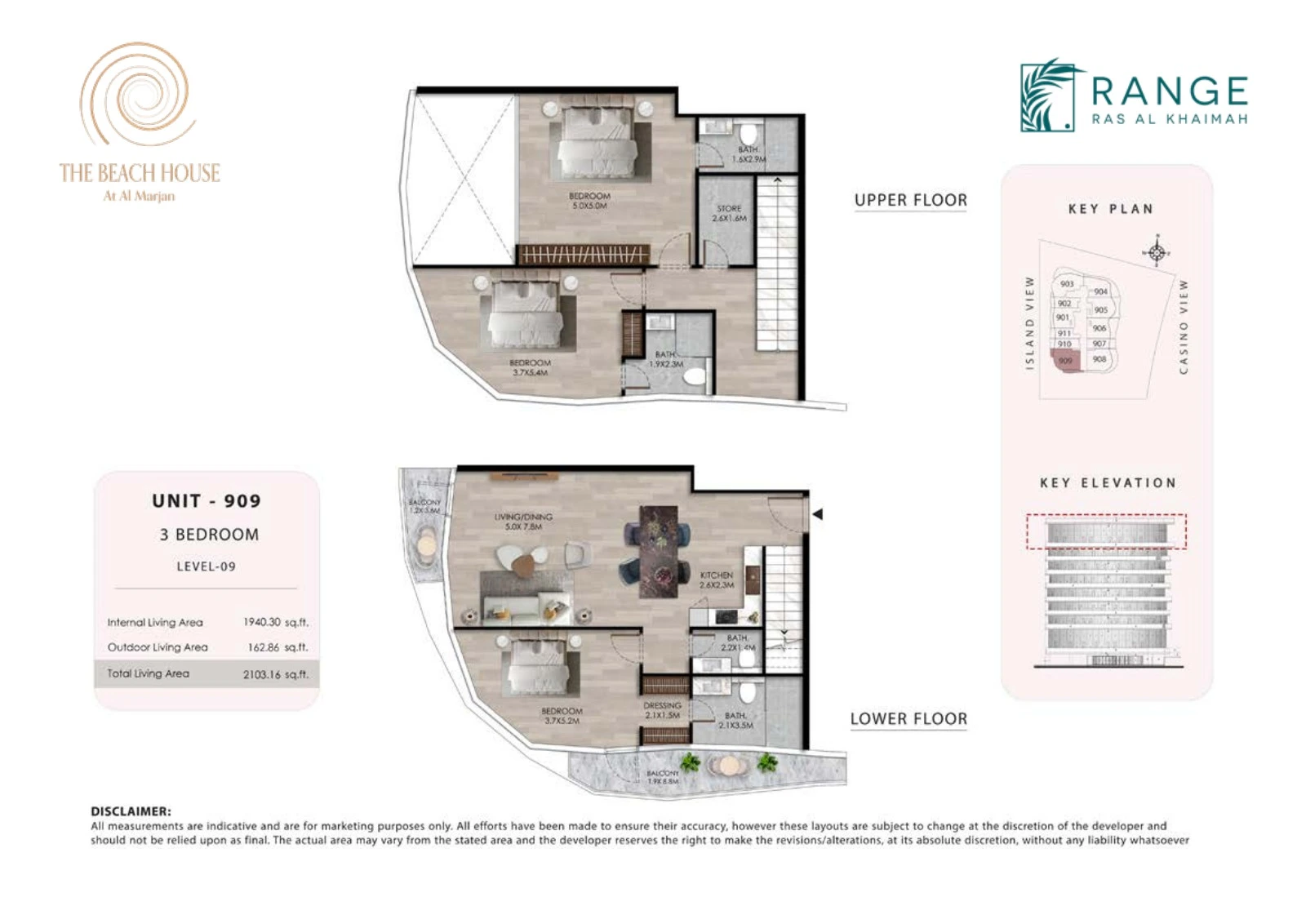 The Beach House 3 bedroom Unit 909 duplex floor plan showing upper and lower floors, 2,103.16 sq ft
