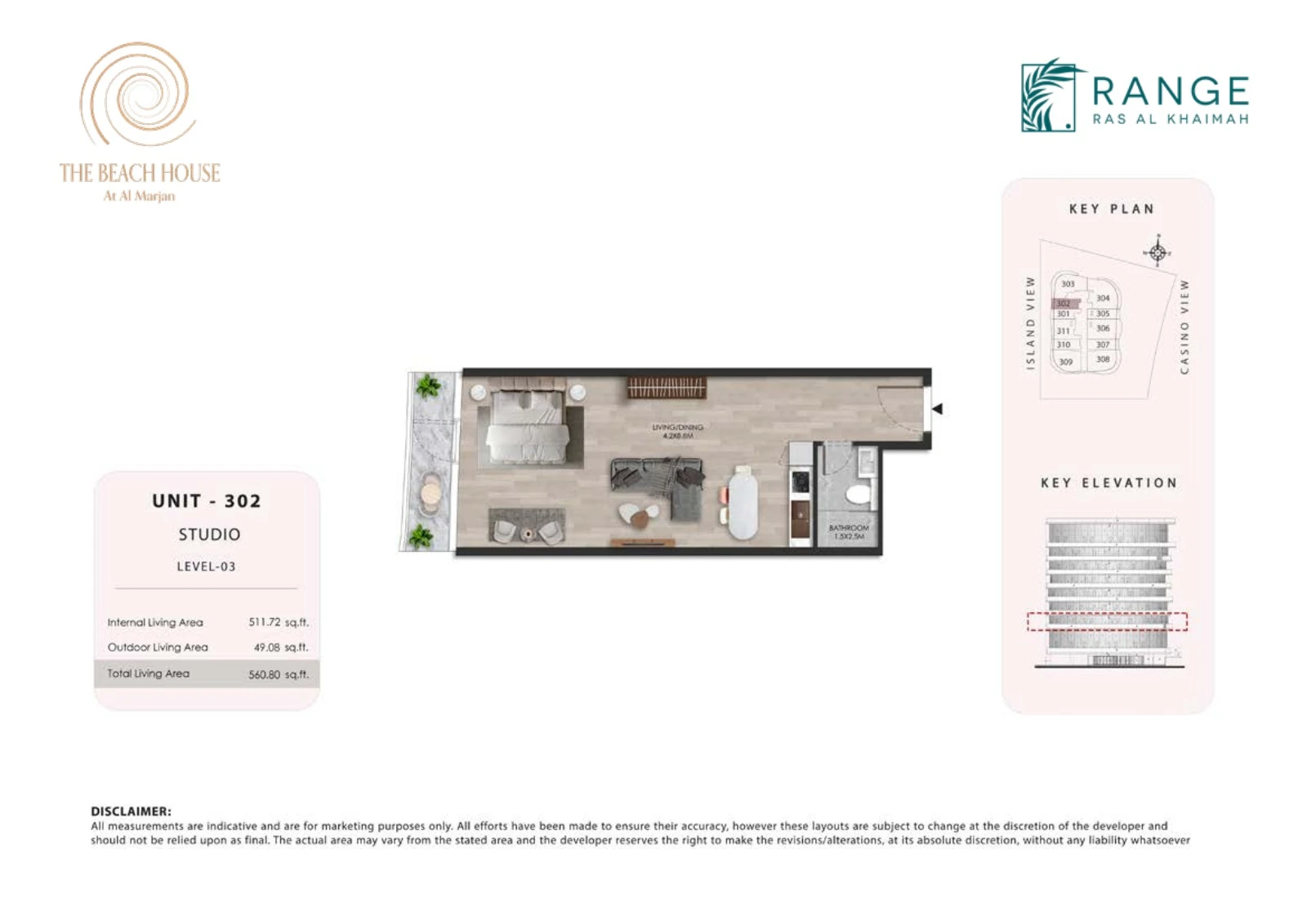 The Beach House studio Unit 302 apartment floor plan, 560.80 sq ft