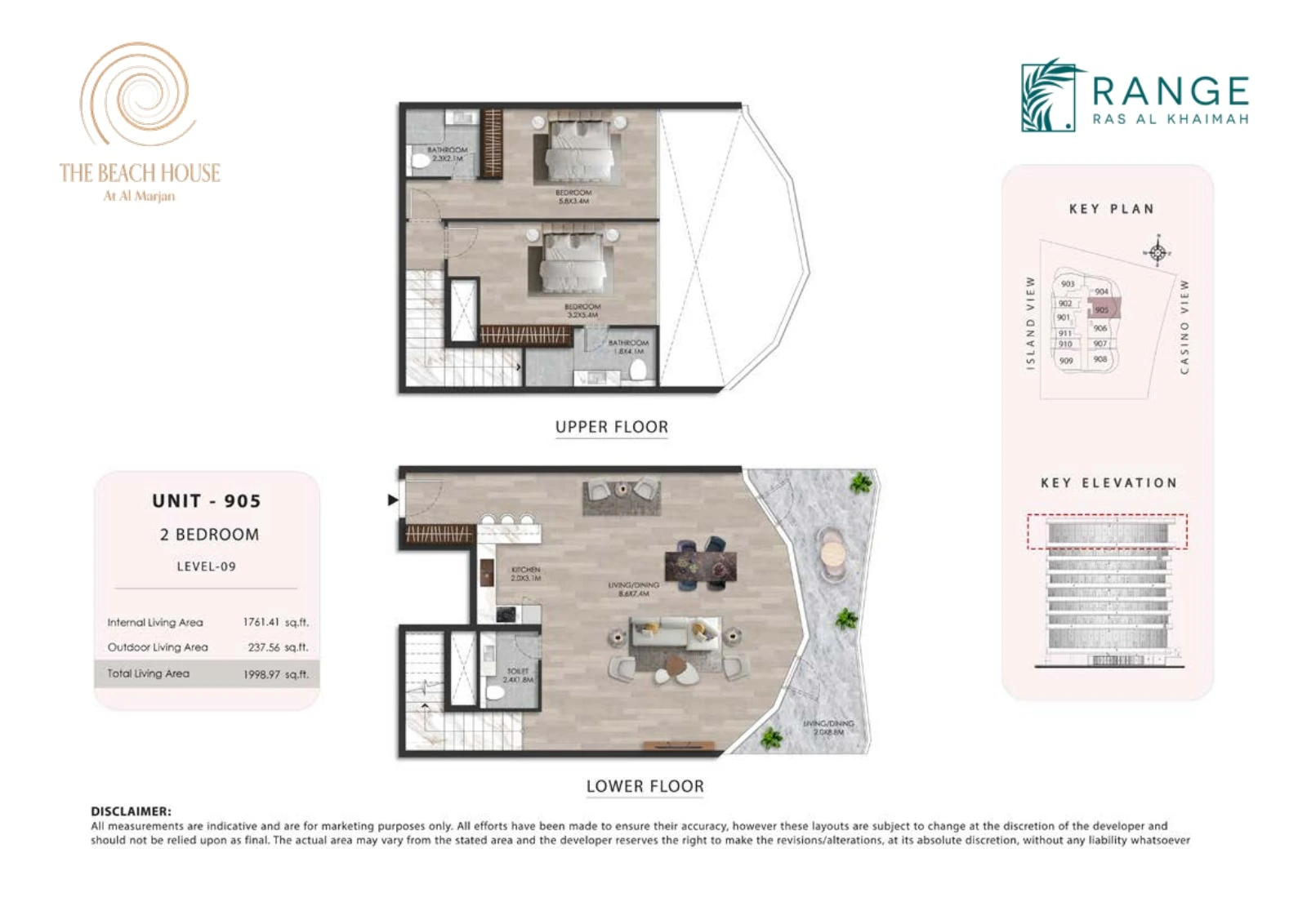 The Beach House 2 bedroom Unit 905 duplex floor plan showing upper and lower floors, 1,998.97 sq ft