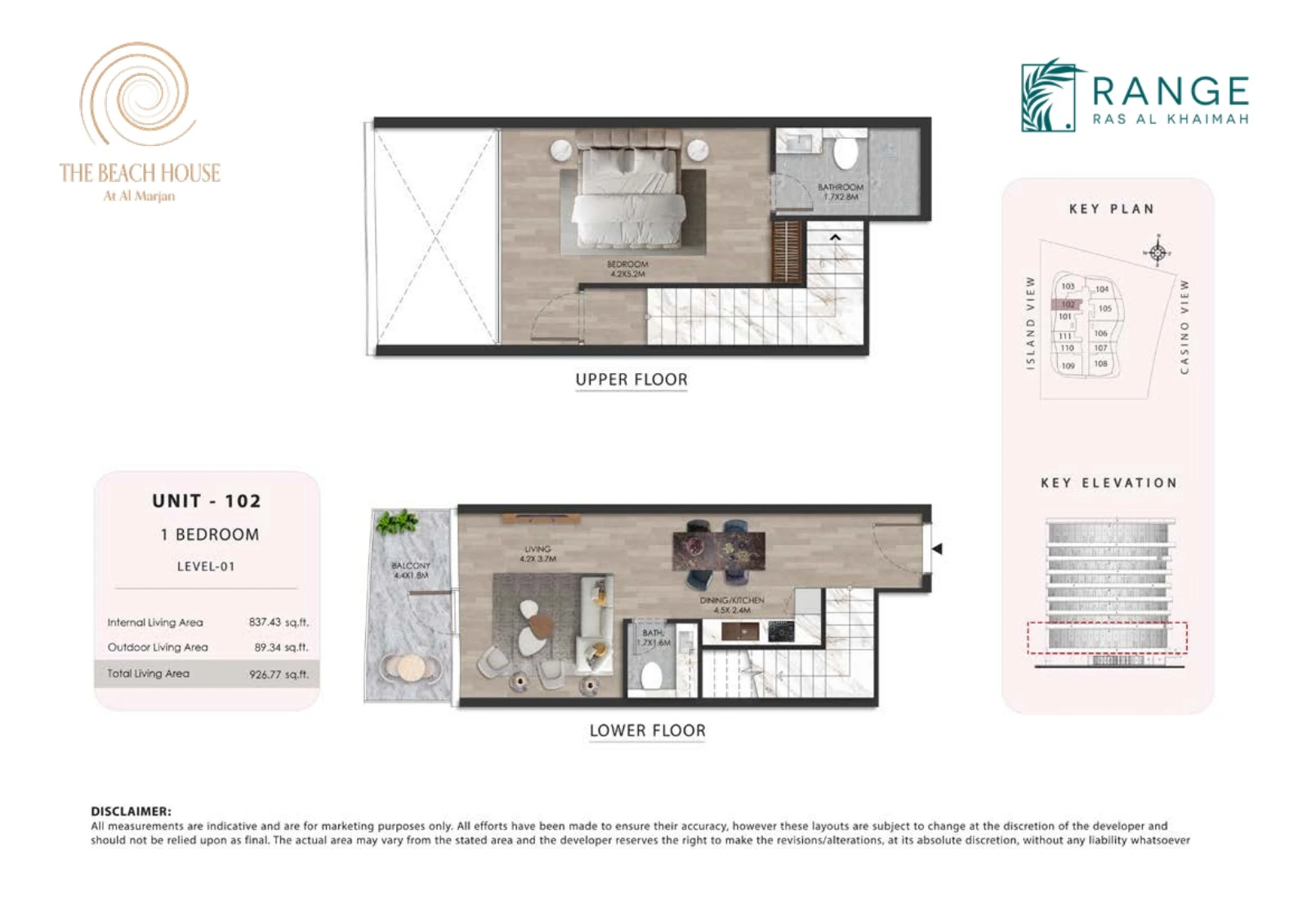 The Beach House 1 bedroom Unit 102 duplex floor plan showing upper and lower floors, 926.77 sq ft