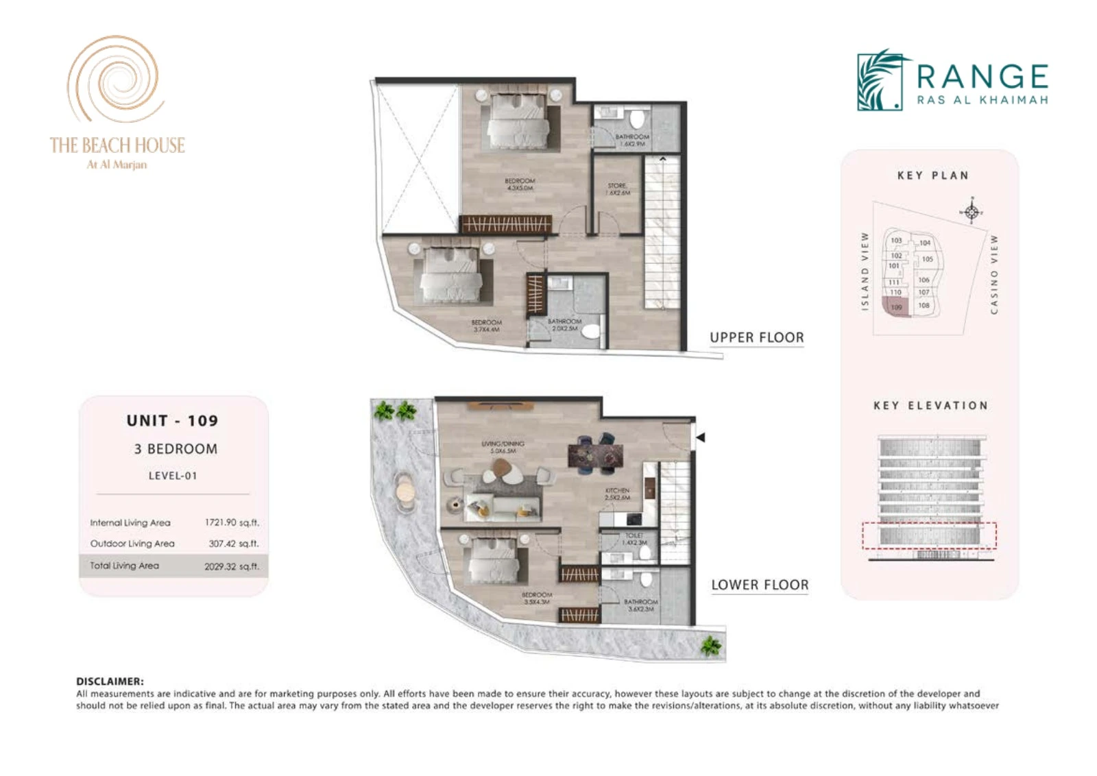 The Beach House 3 bedroom Unit 109 duplex floor plan showing upper and lower floors, 2,029.32 sq ft