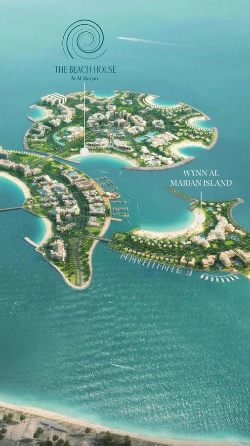 Al Marjan Island location map showing The Beach House and Wynn Al Marjan Island