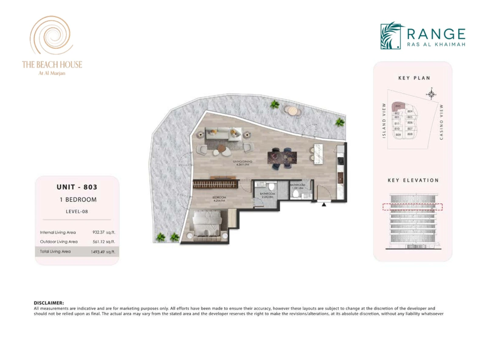 The Beach House 1 bedroom Unit 803 apartment floor plan, 1,493.49 sq ft