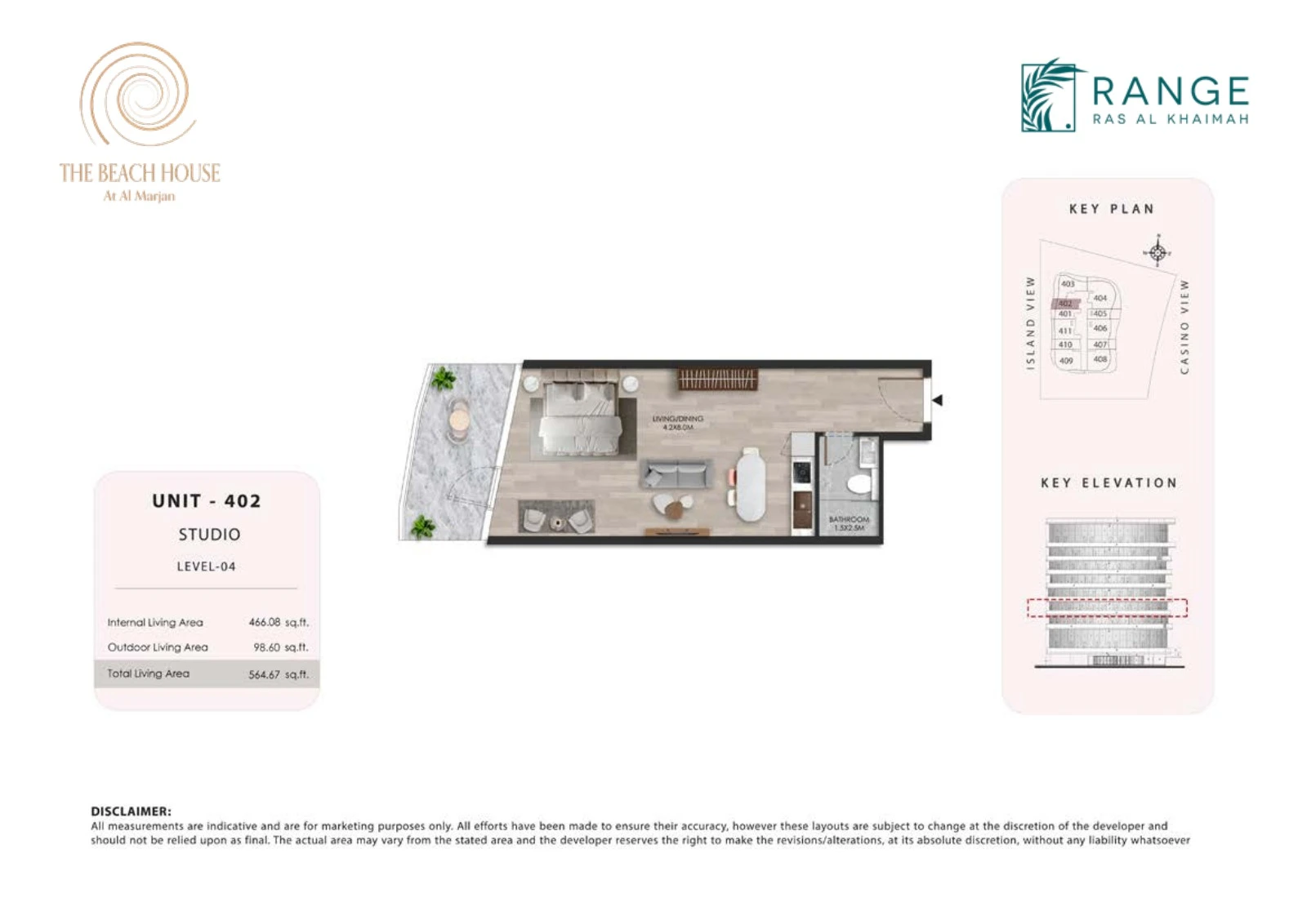 The Beach House studio Unit 402 apartment floor plan, 564.67 sq ft