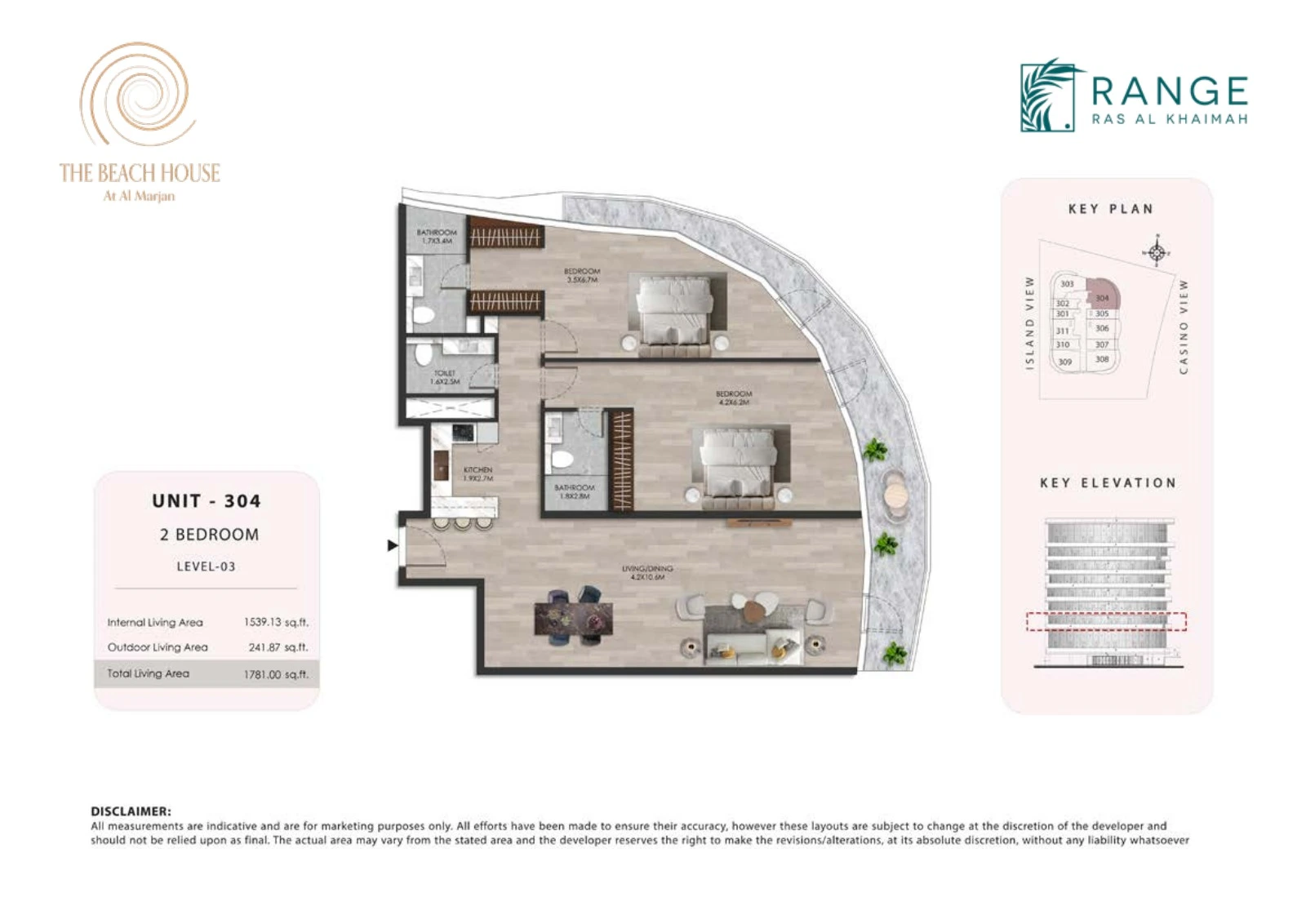 The Beach House 2 bedroom Unit 304 apartment floor plan, 1,781.00 sq ft