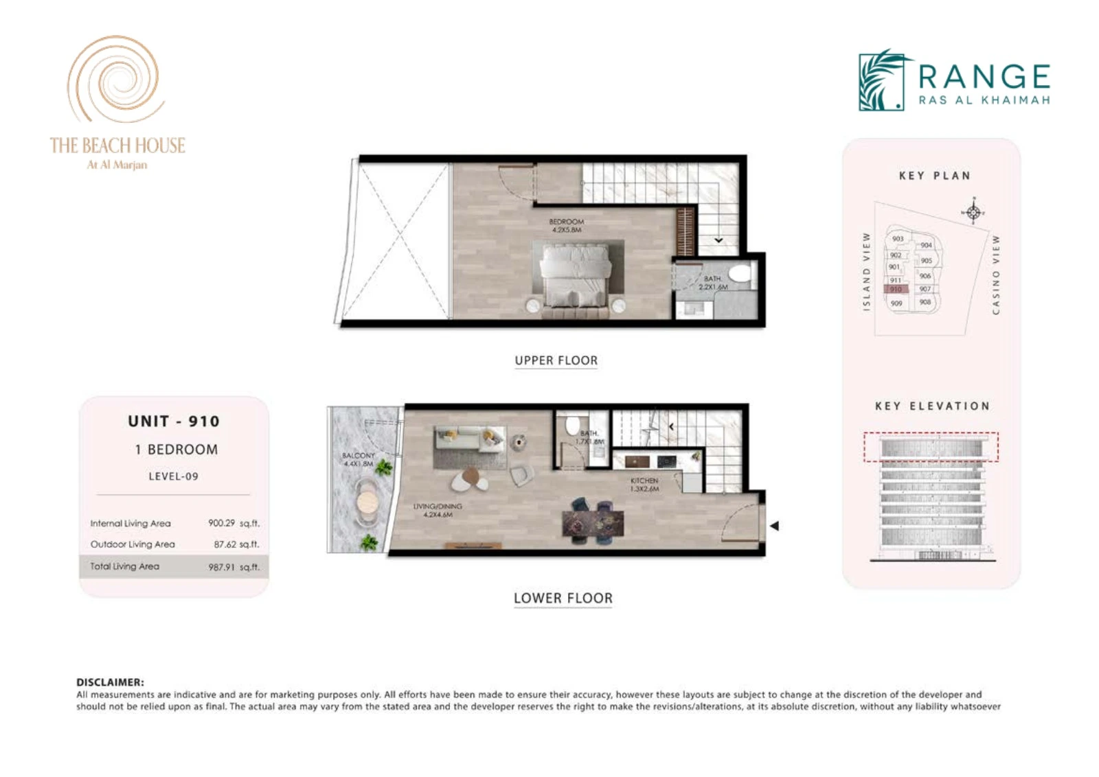 The Beach House 1 bedroom Unit 910 duplex floor plan showing upper and lower floors, 987.91 sq ft