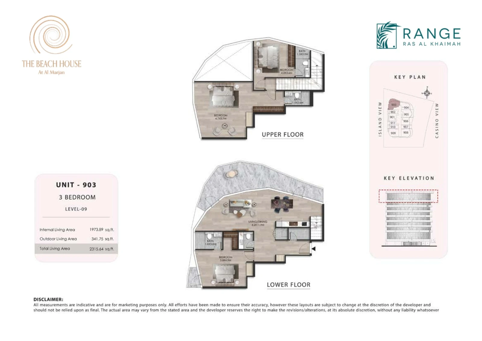 The Beach House 3 bedroom Unit 903 duplex floor plan showing upper and lower floors, 2,315.64 sq ft