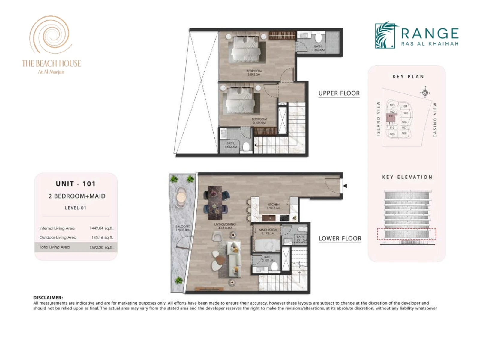 The Beach House 2 bedroom + maid Unit 101 duplex floor plan showing upper and lower floors, 1,592.20 sq ft