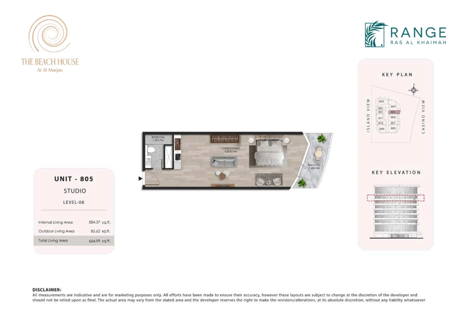 The Beach House studio Unit 805 apartment floor plan, 664.99 sq ft