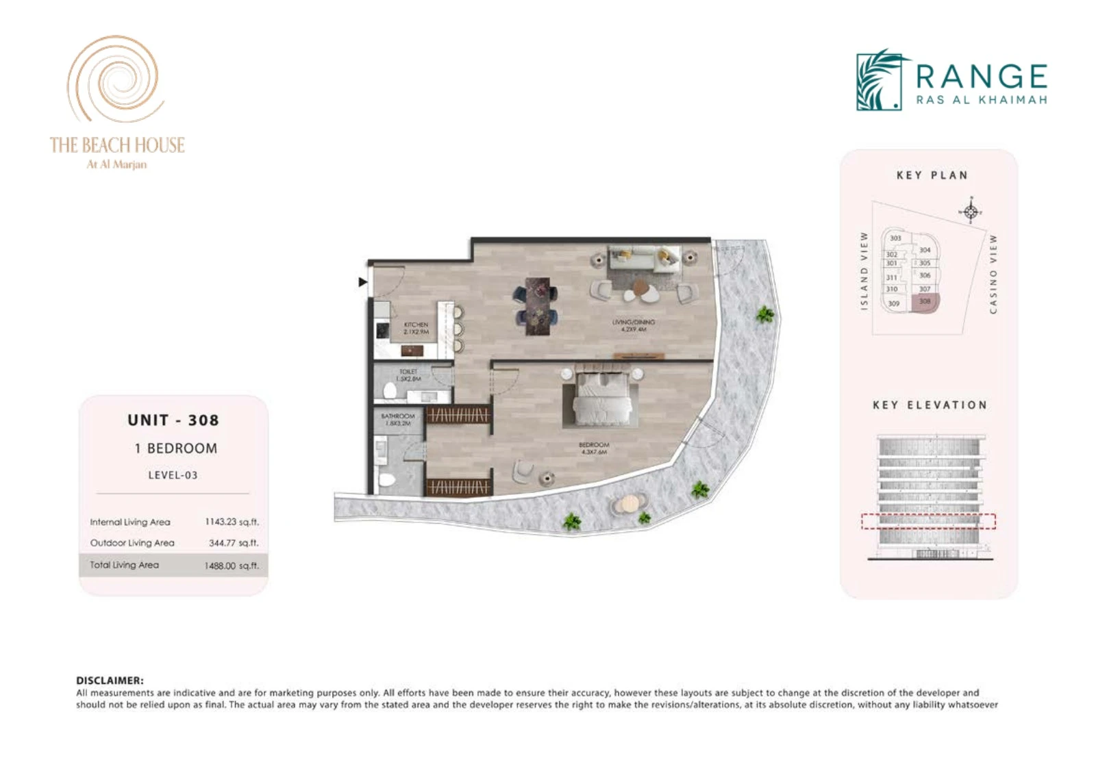 The Beach House 1 bedroom Unit 308 apartment floor plan, 1,488.00 sq ft