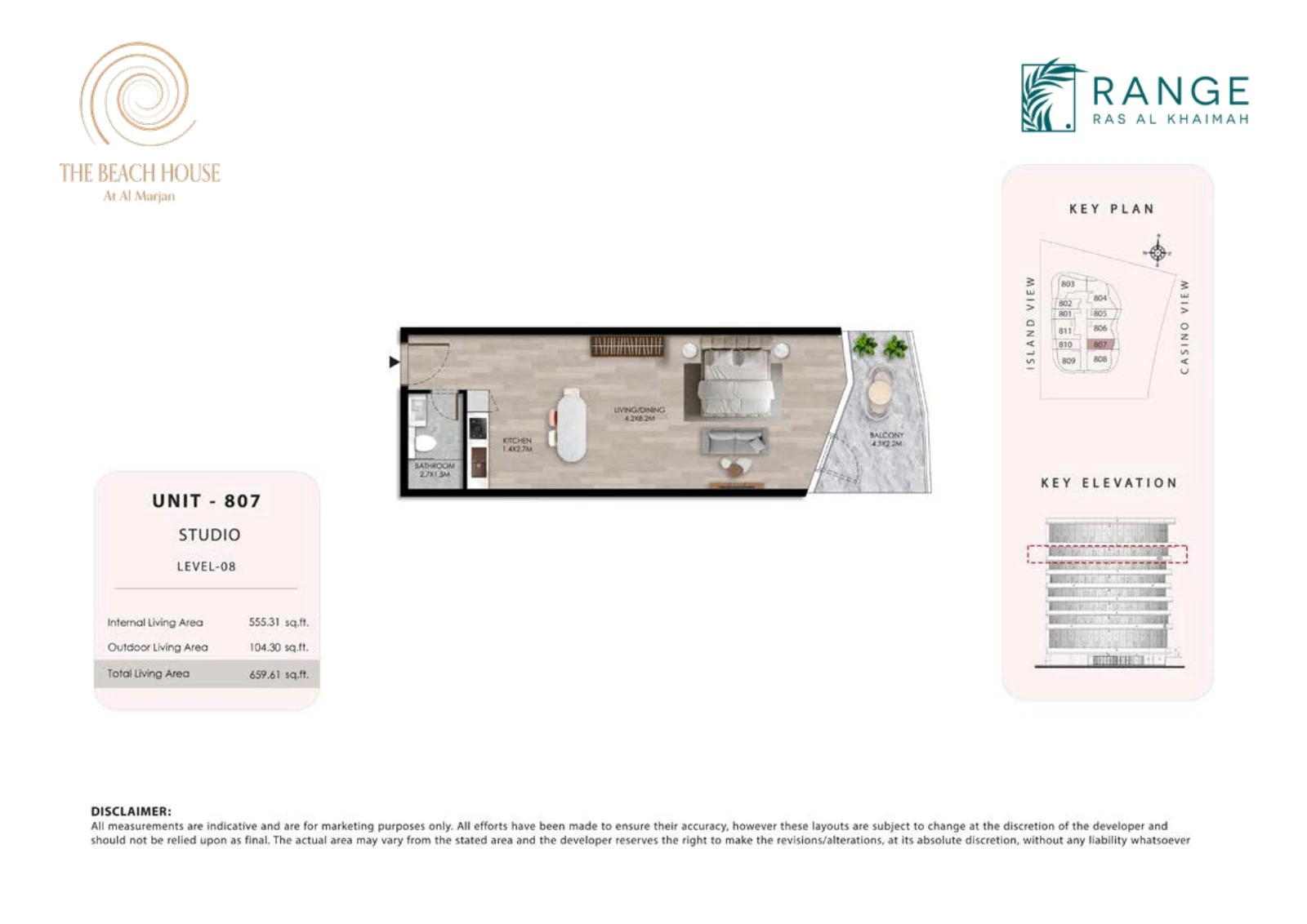 The Beach House studio Unit 807 apartment floor plan, 659.61 sq ft