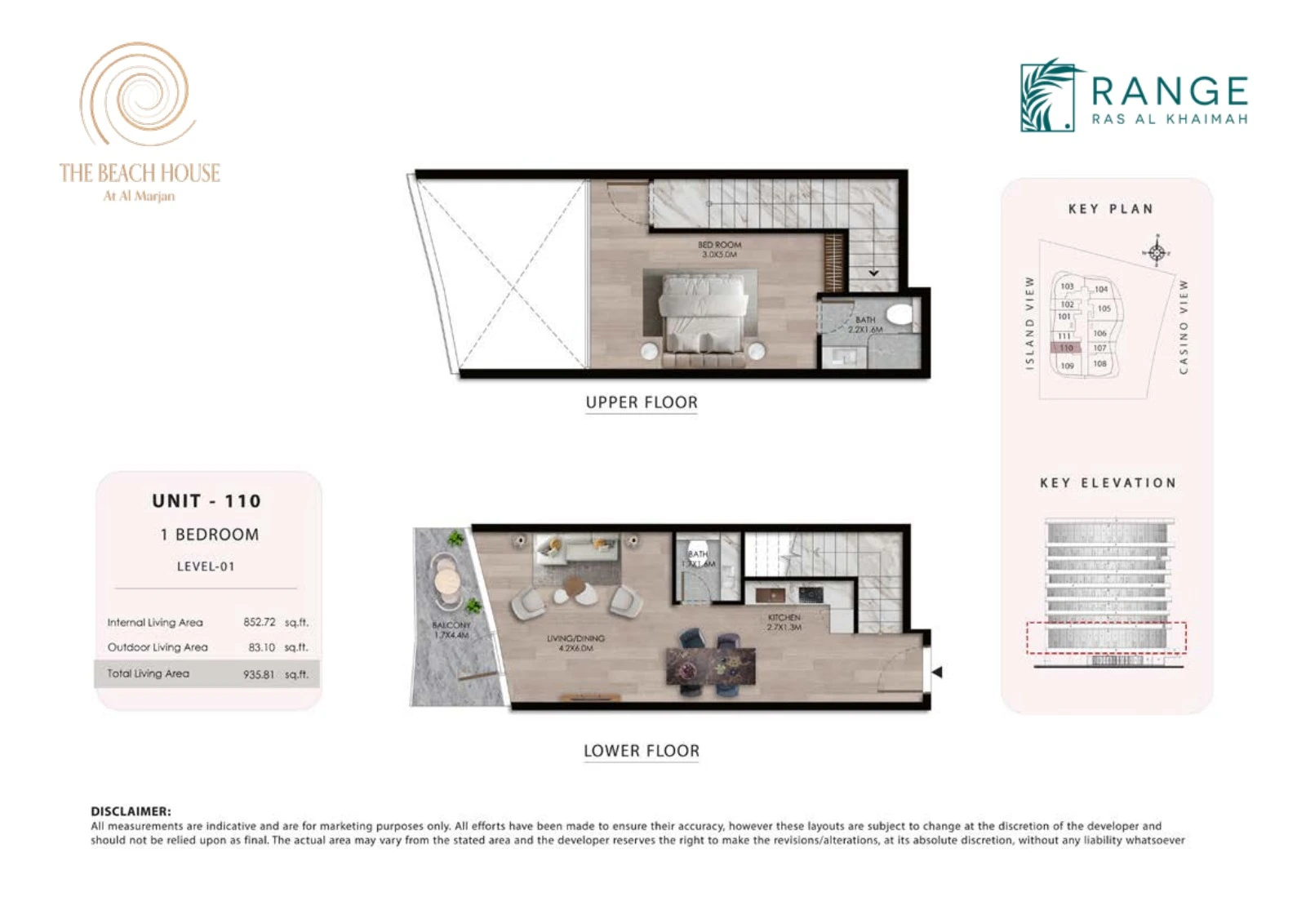 The Beach House 1 bedroom Unit 110 duplex floor plan showing upper and lower floors, 935.81 sq ft
