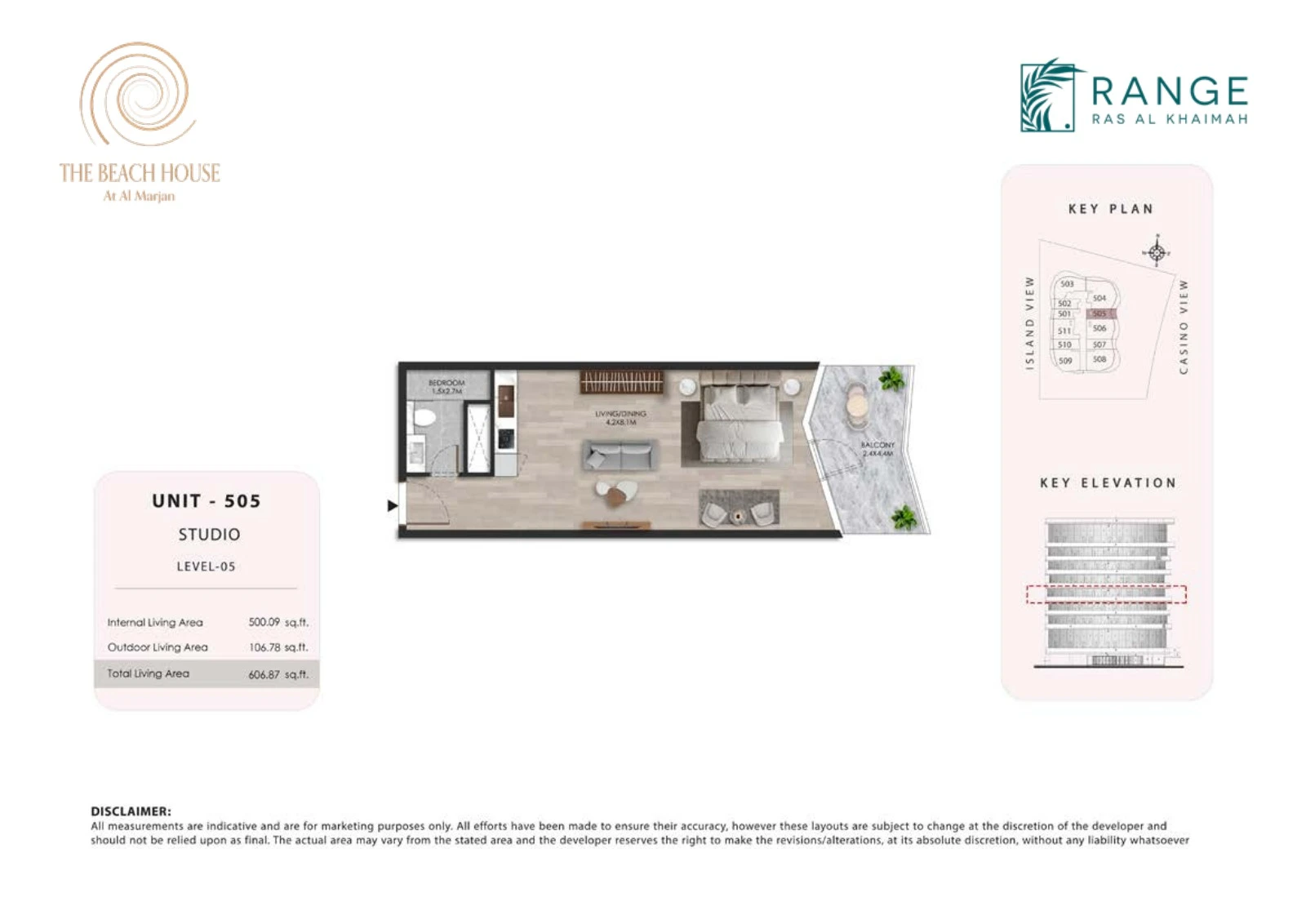 The Beach House studio Unit 505 apartment floor plan, 606.87 sq ft