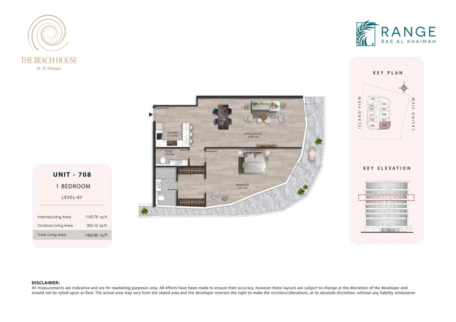 The Beach House 1 bedroom Unit 708 apartment floor plan, 1,460.88 sq ft