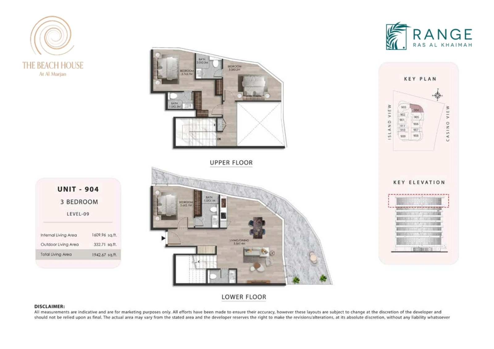 The Beach House 3 bedroom Unit 904 duplex floor plan showing upper and lower floors, 1,942.67 sq ft