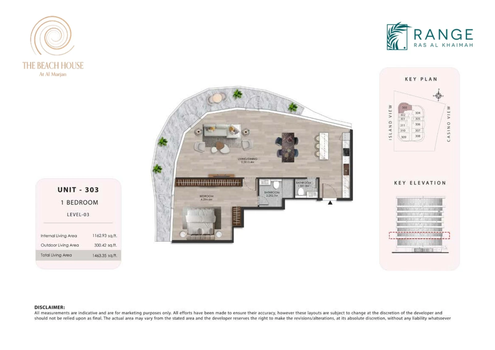 The Beach House 1 bedroom Unit 303 apartment floor plan, 1,463.35 sq ft