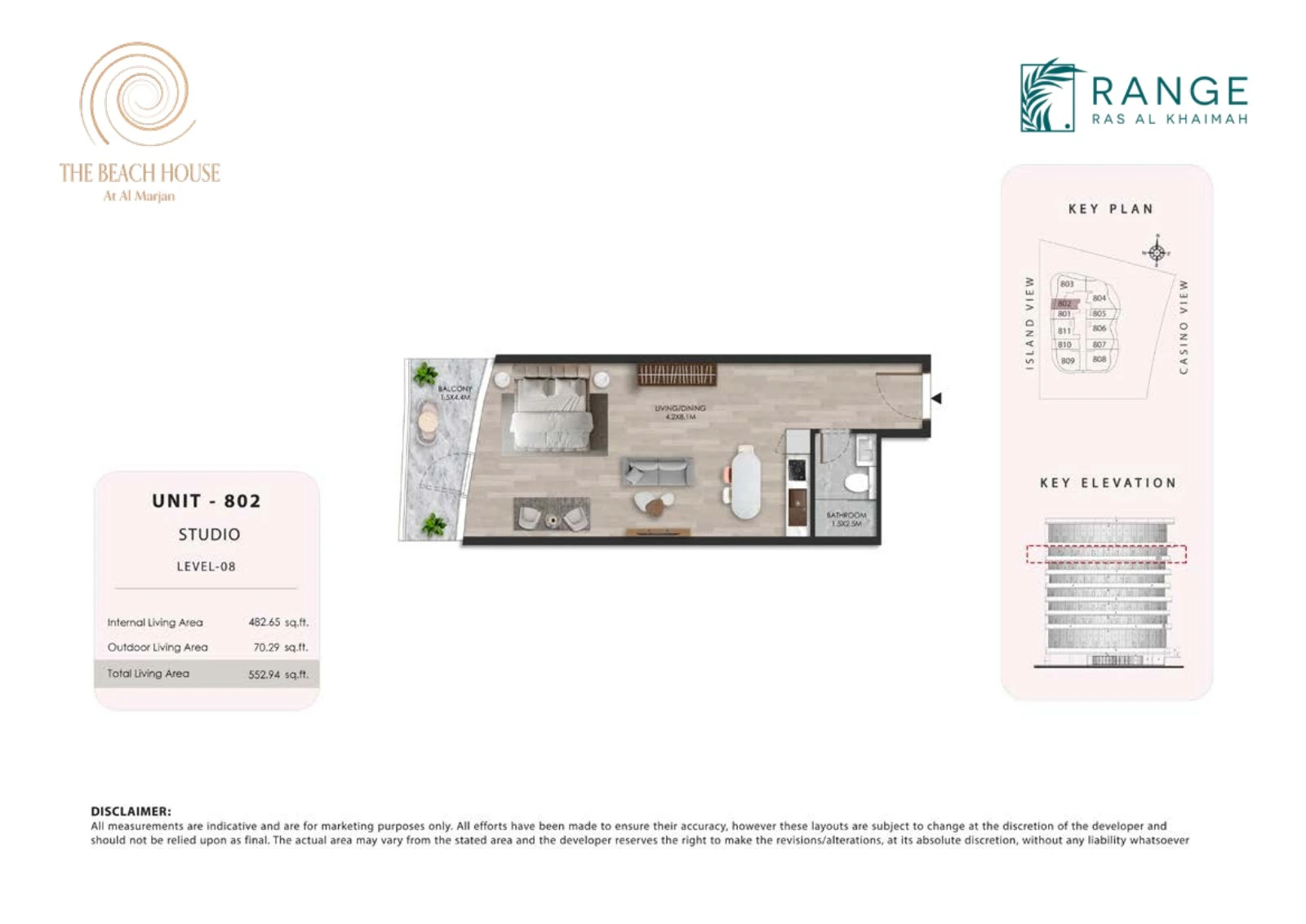 The Beach House studio Unit 802 apartment floor plan, 552.94 sq ft