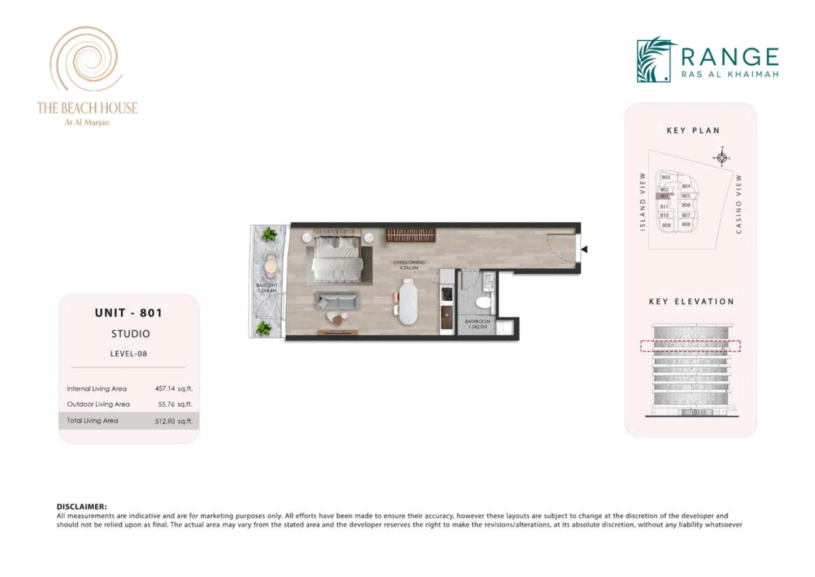 The Beach House studio Unit 801 apartment floor plan, 512.90 sq ft
