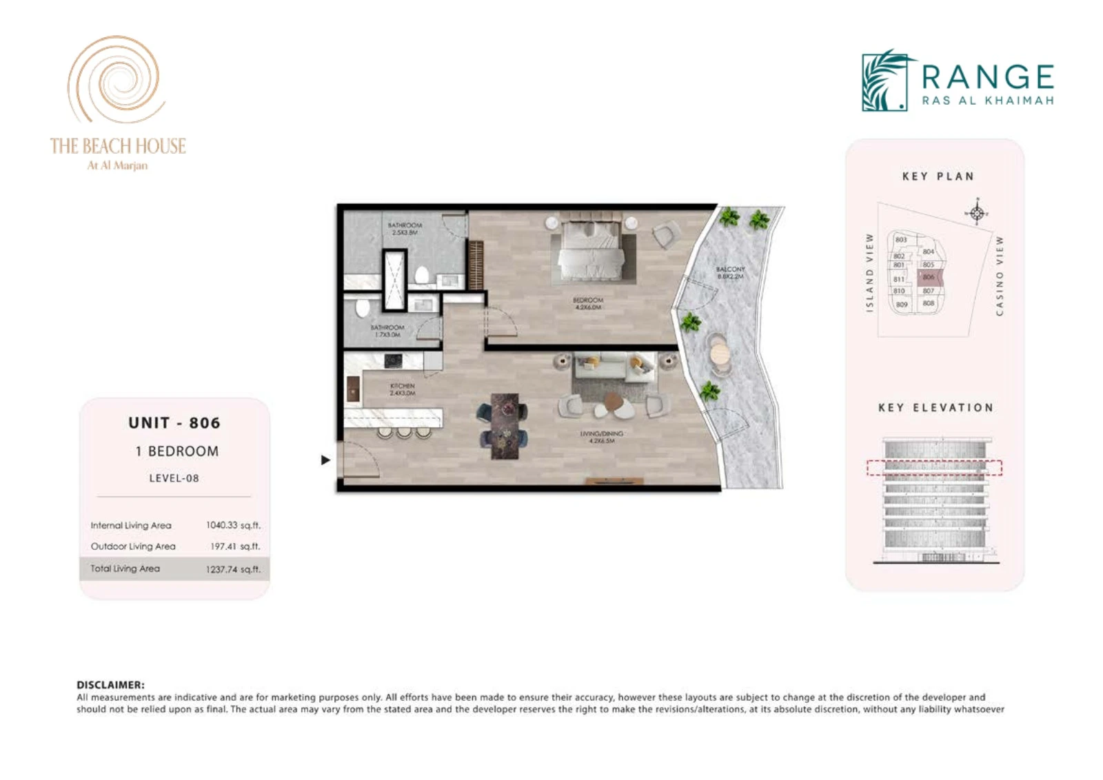 The Beach House 1 bedroom Unit 806 apartment floor plan, 1,237.74 sq ft